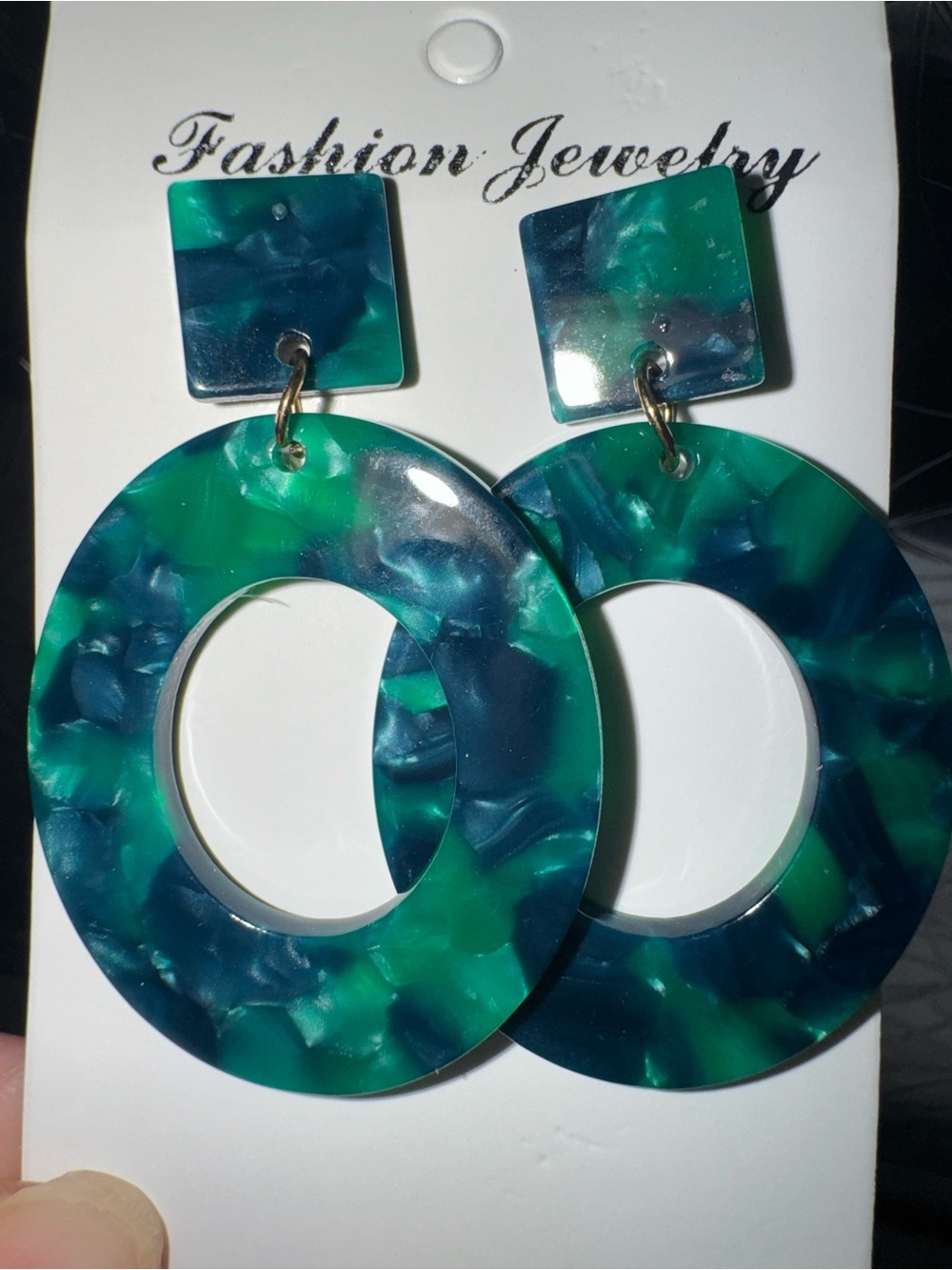 Fashion Jewelry Dark Green & Teal Marbled Hoop Drop Earrings - Picture 2 of 4